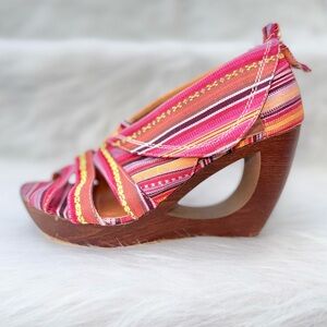 Bucco Capensis Multi-Color Striped Wedge Sandals - Sculptural Cutout Heel Size 8